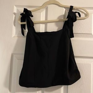 Smocked Back Tie Shoulder Black Crop Top
